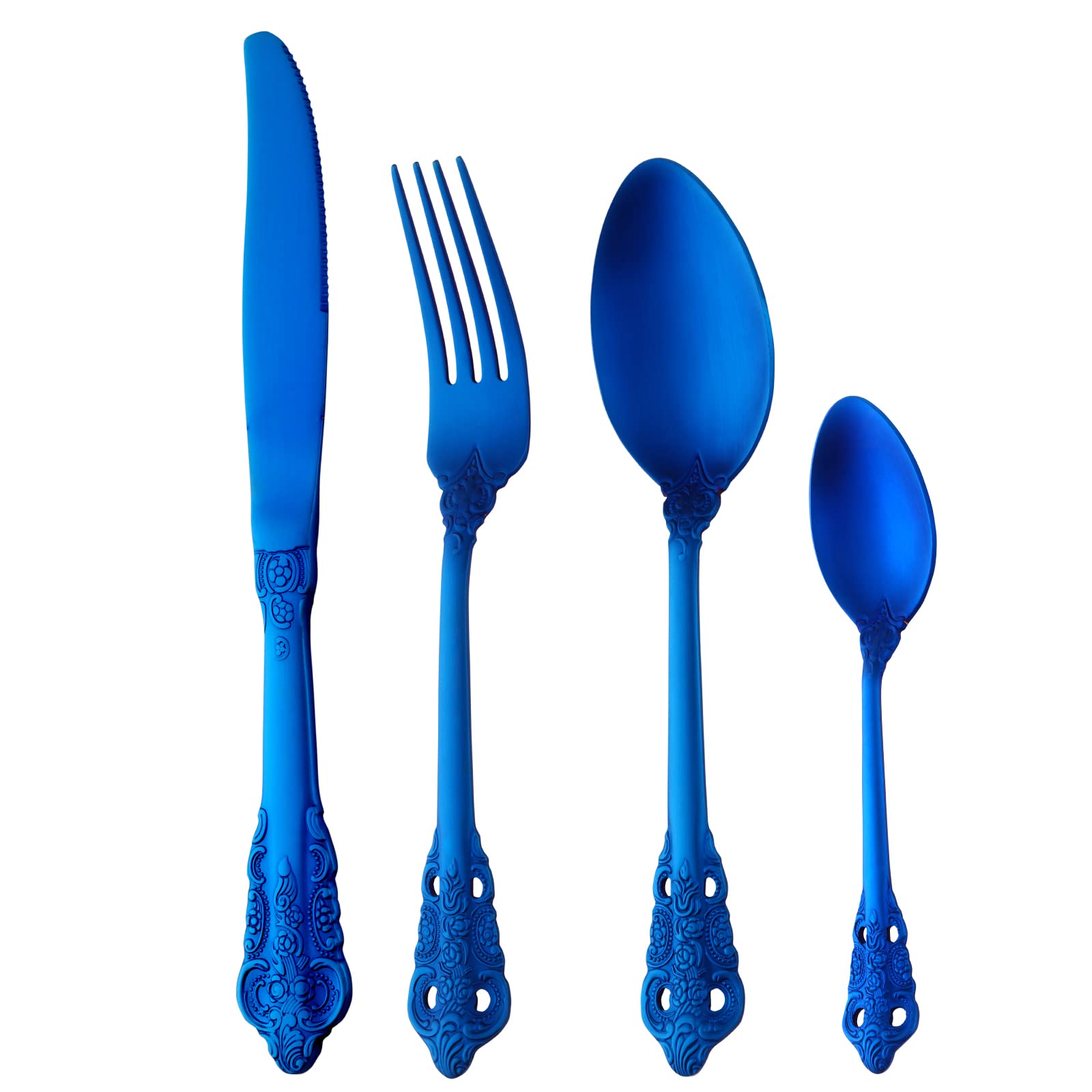 Buyer Star 16 Piece Cutlery Set Tableware Flatware Sets for 4, Sanded Court Relief Pattern Design Stainless Steel Tableware Silverware Set with Spoon Knife and Fork Set, Blue
