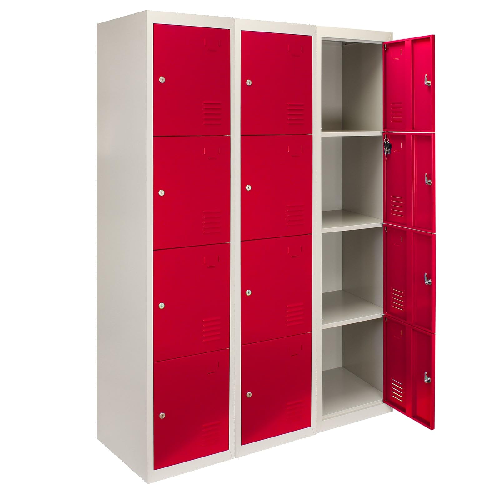 Monster Shop Lot de 3 Rangées de Casier Métallique 4 Portes Rouge Casier Verrouillable Parfait pour Salle de Sport, École, Vestiaire, Atelier, Entrepôt [Clés INCLUSES] Livré assemblé
