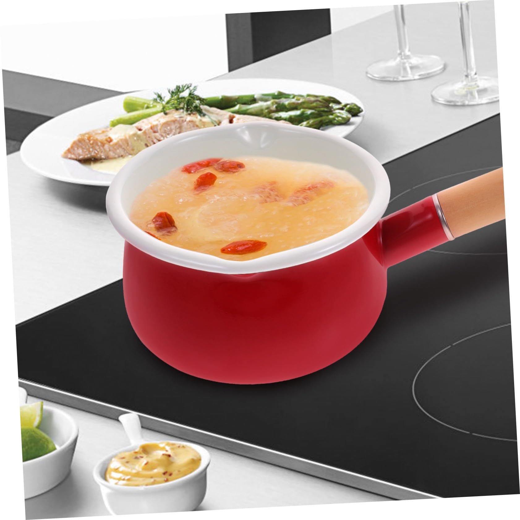 ULTECHNOVO Pentola Pentolino Antiaderente Piccola Smaltata Rossa Manico in Legno Facile da Pulire per Cucinare Latte e Zuppe in Cucina