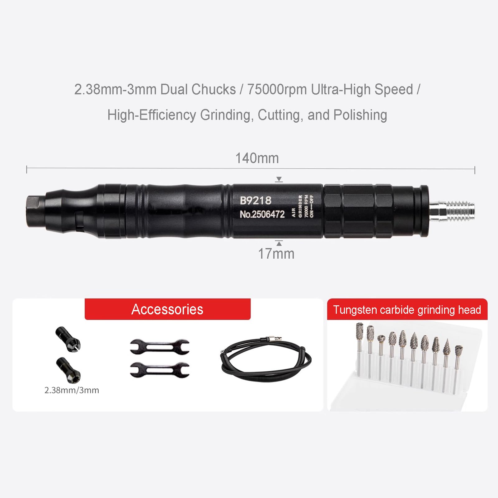Kit de molinillo neumático de lápiz, herramienta de grabado micro de aire de alta velocidad, 75.000 RPM, 10 cabezales incluidos, capacidad de portabrocas de 2,38 mm/3 mm para corte y pulido industrial