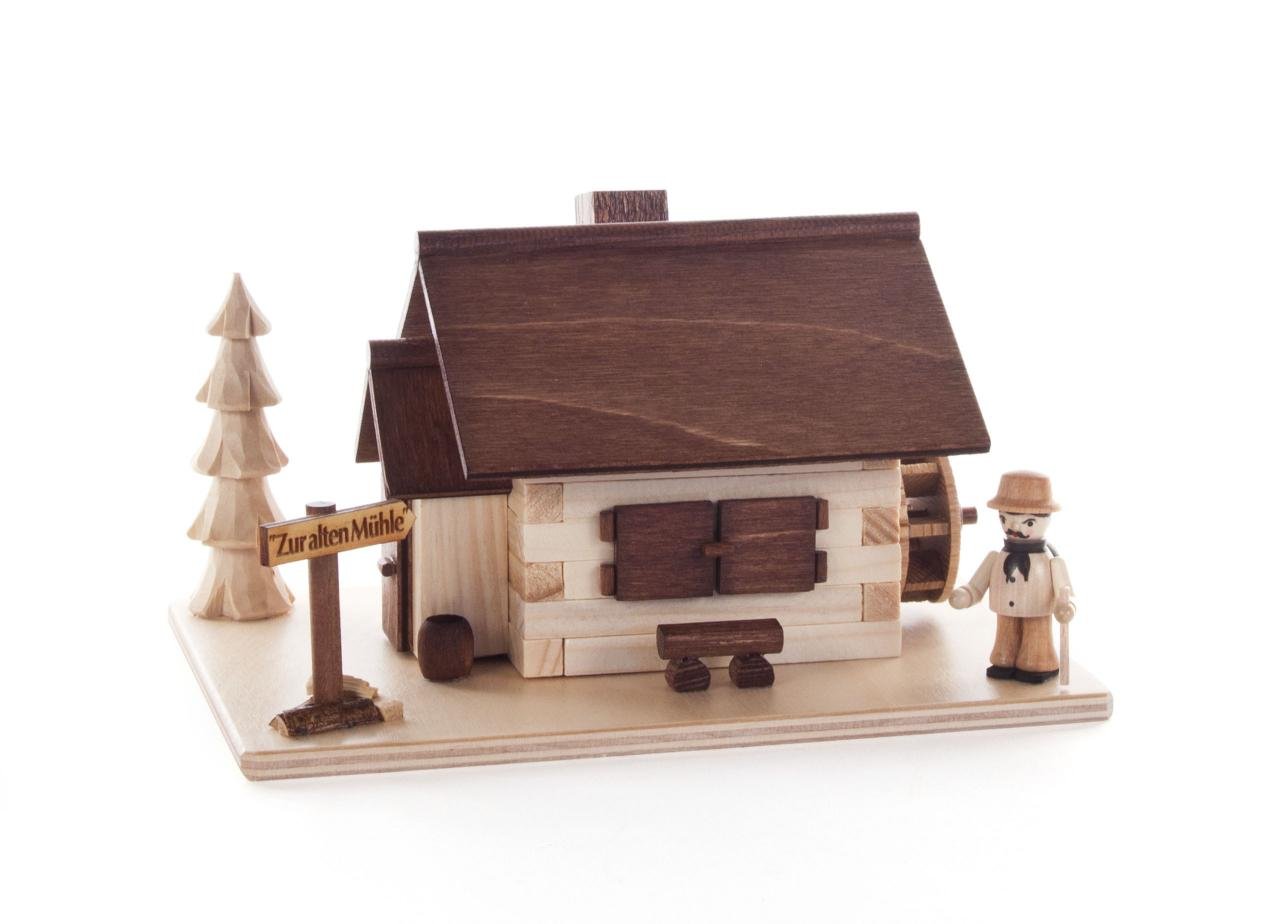 DREGENO Seiffen eGSmoke House Old Mill with wanderer, Wood, natural, 18 x 13 x 9 cm