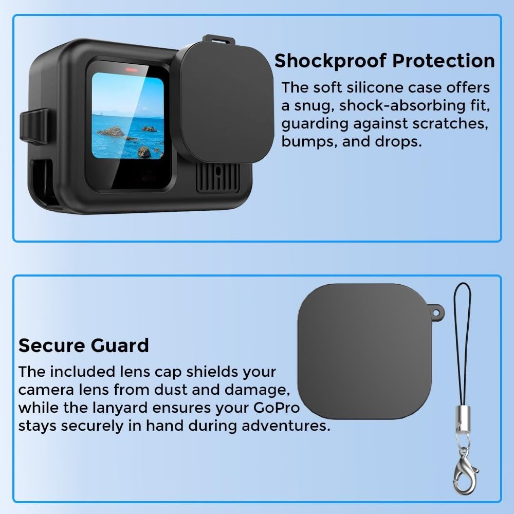 Yantralay Silicone Lanyard Sleeve Protective Cover + 6PCS Tempered Glass Screen Guard with Silicone Lens Cover Compatible with Go Pro Hero 9 Black Action Camera (Silicone Cover)