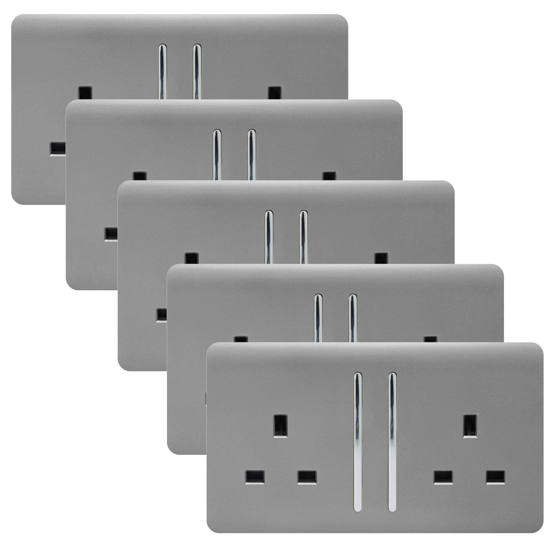 Trendi Switch 2 Gang Plug Socket Light Grey Screwless 5 Pack