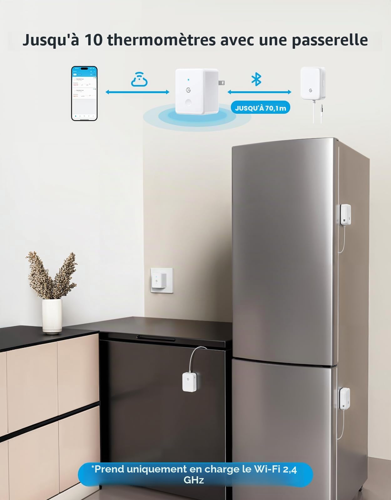 GoveeLife Thermomètre de réfrigérateur WiFi avec alarme, jauge de température numérique sans fil avec contrôle par application, 2 ans d'exportation de données gratuite, pour la maison, la cuisine, le