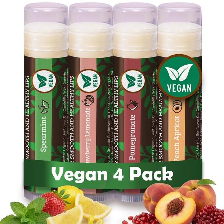 Earth's Daughter Vegan Lip Balm 4-pack, Beeswax Free Lip Balm, Natural, Organic Flavors - Assorted Flavors, Plant Based Vegan Chapstick, Moisturizer