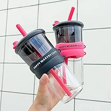 كوب زجاجي حراري أنيق ورائع بمظهر جديد للقهوة والمشروبات الباردة بسعة 800 مل لكل ربة منزل، بمزيج ألوان من الأسود والوردي من هابي هوم.