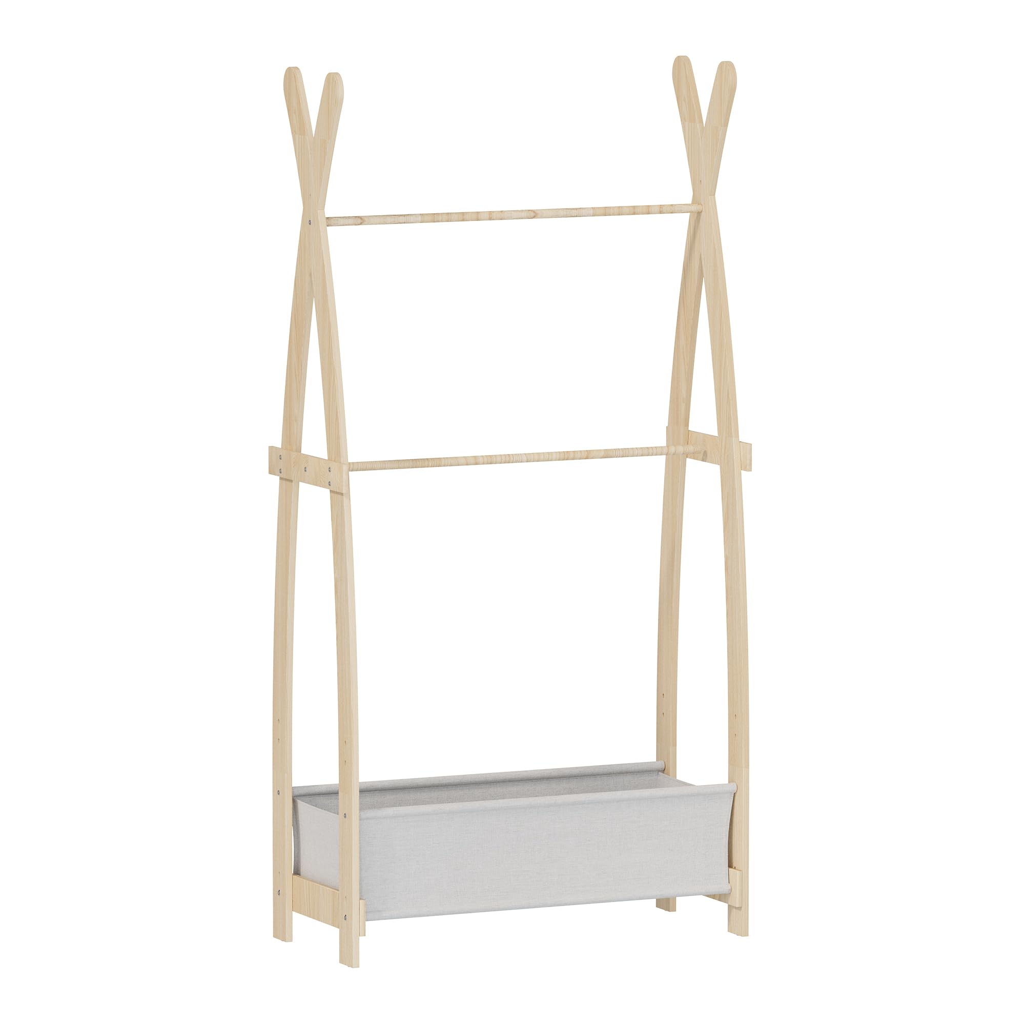 NACHES Kinder Kleiderständer Holz, Garderobenständer mit Aufbewahrungskiste und Kleiderstange, Kindergarderobe für Kinderzimmer, Mädchen (82 x 43 x 180cm)