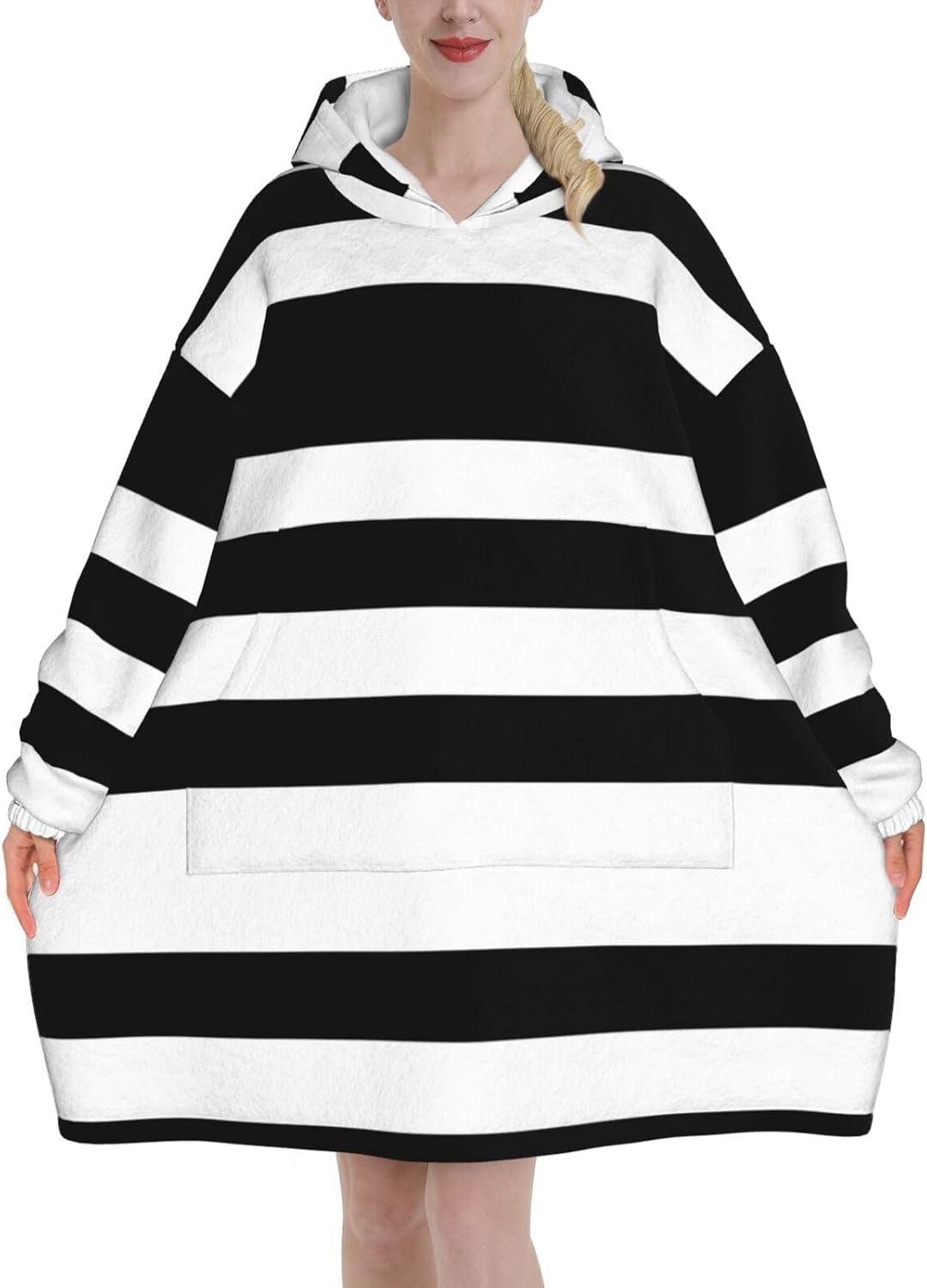 MUSM Stripes Black White Print Blanket Hoodie Fleece Sweatshirt Blanket With Sleeves And Pockets