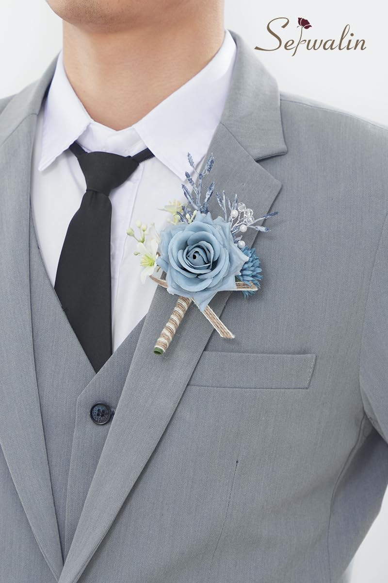 Serwalin Corsage and Boutonniere Set, Boutonniere and Wrist Corsage Wristlet Prom Homecoming Wedding Flowers Accessories Prom Suit Decorations (Blue & Dusty Blue) - Image 4
