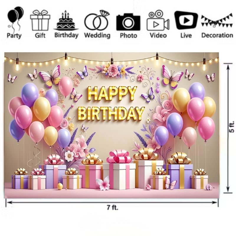 Image of Elegant Gold Color Happy Birthday Party Decoration Backdrop with Balloons, Gifts, and Floral Accents (Pack of 1)
