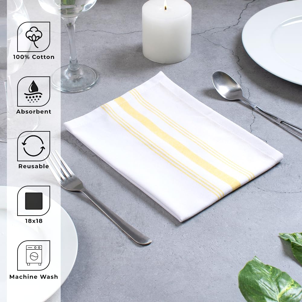 Blue Needles Servietten mit französischen Streifen, 12 Stück, 100 % Baumwolle, 45,7 x 45,7 cm, saugfähig, weich, wiederverwendbar und waschbar, Hotelqualität, perfekt für den täglichen Gebrauch, Gelb