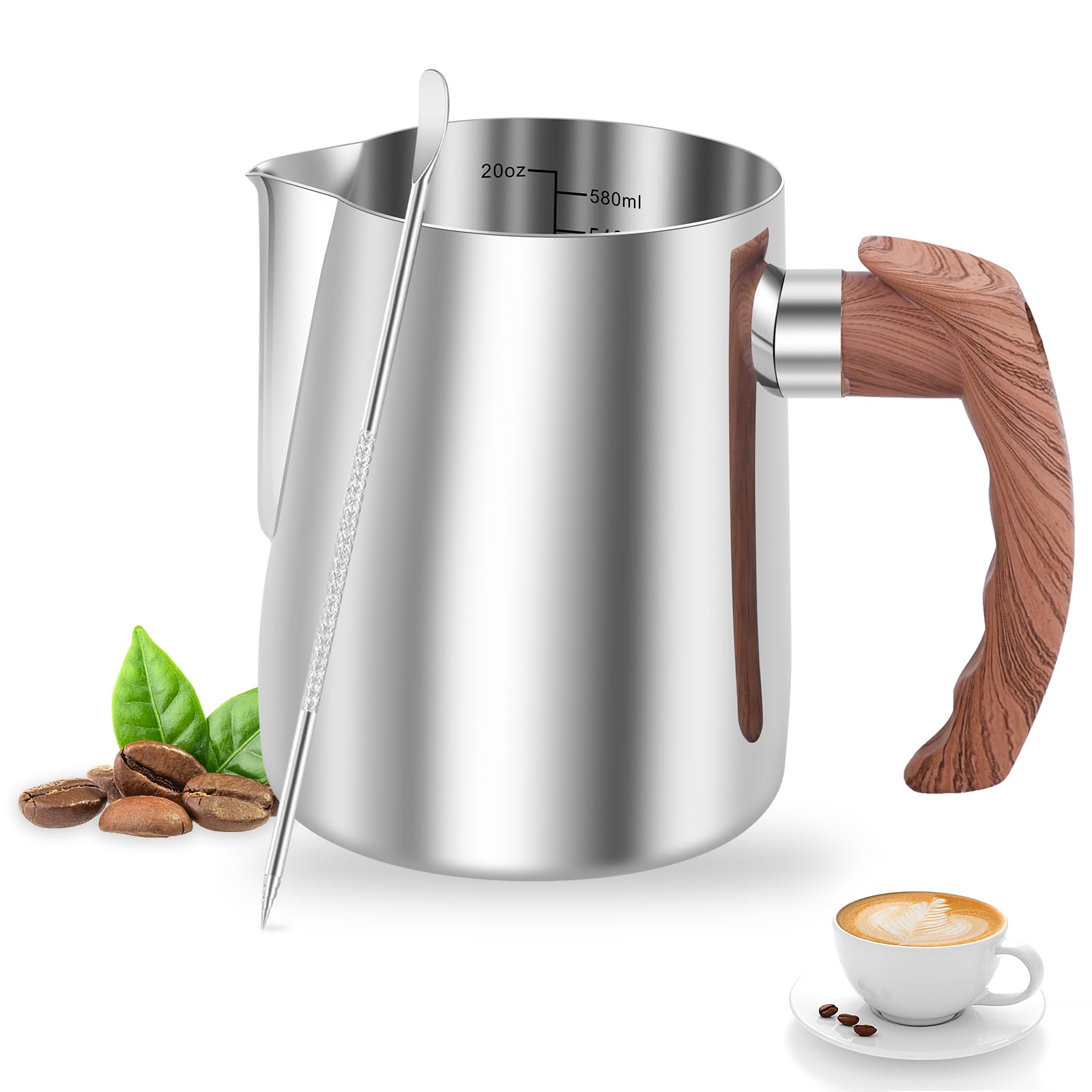 Sesaver 600 ML Stainless Steel Milk Frothing Pitcher, Milk Frother Jug Milk Pitcher Cup with Latte Decorating Art Pen and Plastic Wood Grain Handle for Making Latte Coffee Art Cappuccino(1Silver600ML)