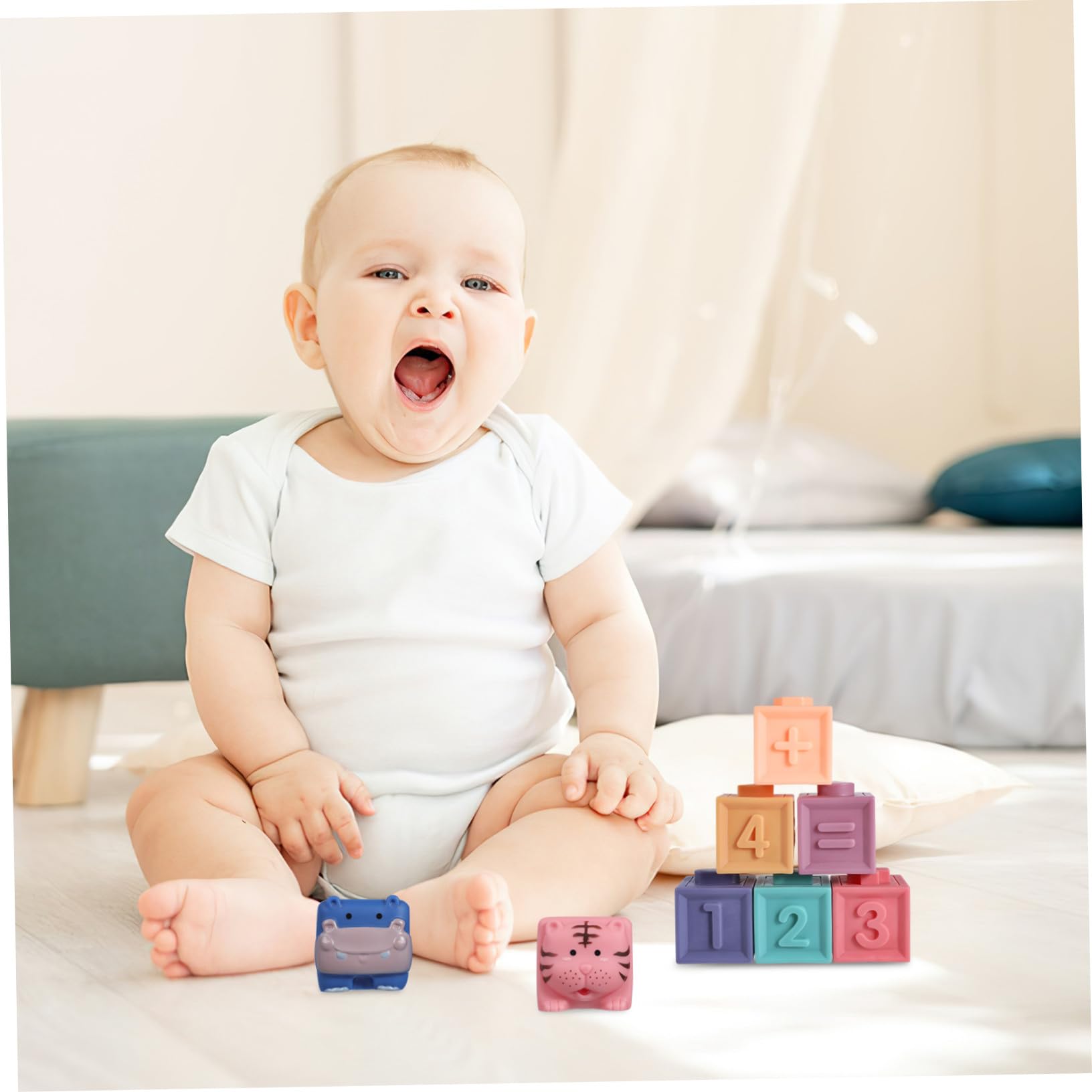 HANABASS 12 Piezas Bloques de Goma Suaves para Bebés con Formas de Animales y Números Juguetes de Construcción Educativos para Incluye Bolsa de Almacenamiento para Regalos y Primeros