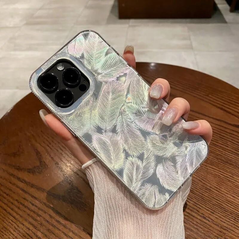 Image of COVERLY 3D Aesthetic Cute Trendy Bling Case for iPhone 16 Pro Max Luxury Glitter Colorful Dream Feather Art Laser Printing Phone Case for Women Girls Teens Gradient Luxe Leaf Sparkling Cover