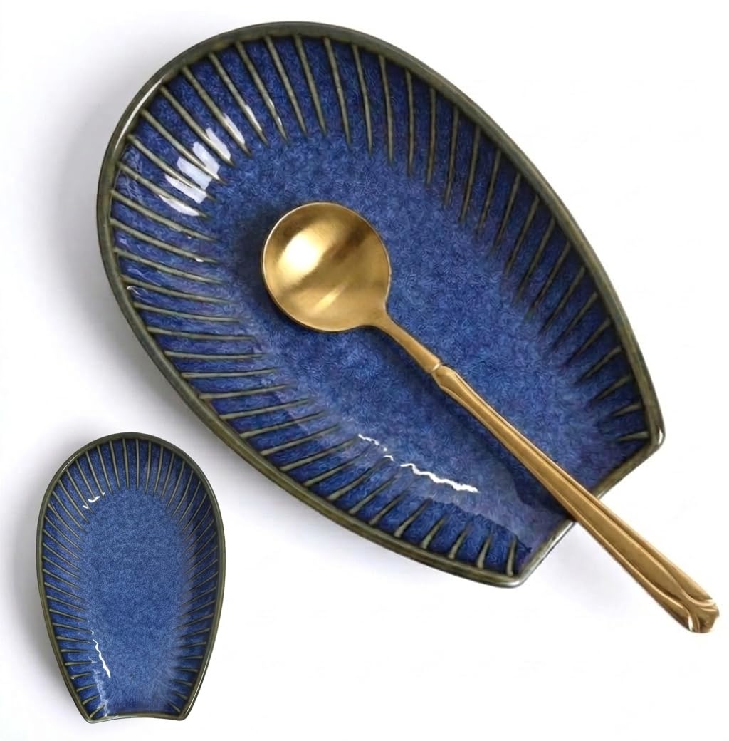 Ceramic Spoon Rest for Stove Top & Kitchen Counter, 6" White Spoon Holder for Cooking & Coffee Spoon - Modern Farmhouse Kitchen Décor, Dishwasher-safe,1 PCS,Vintage Blue