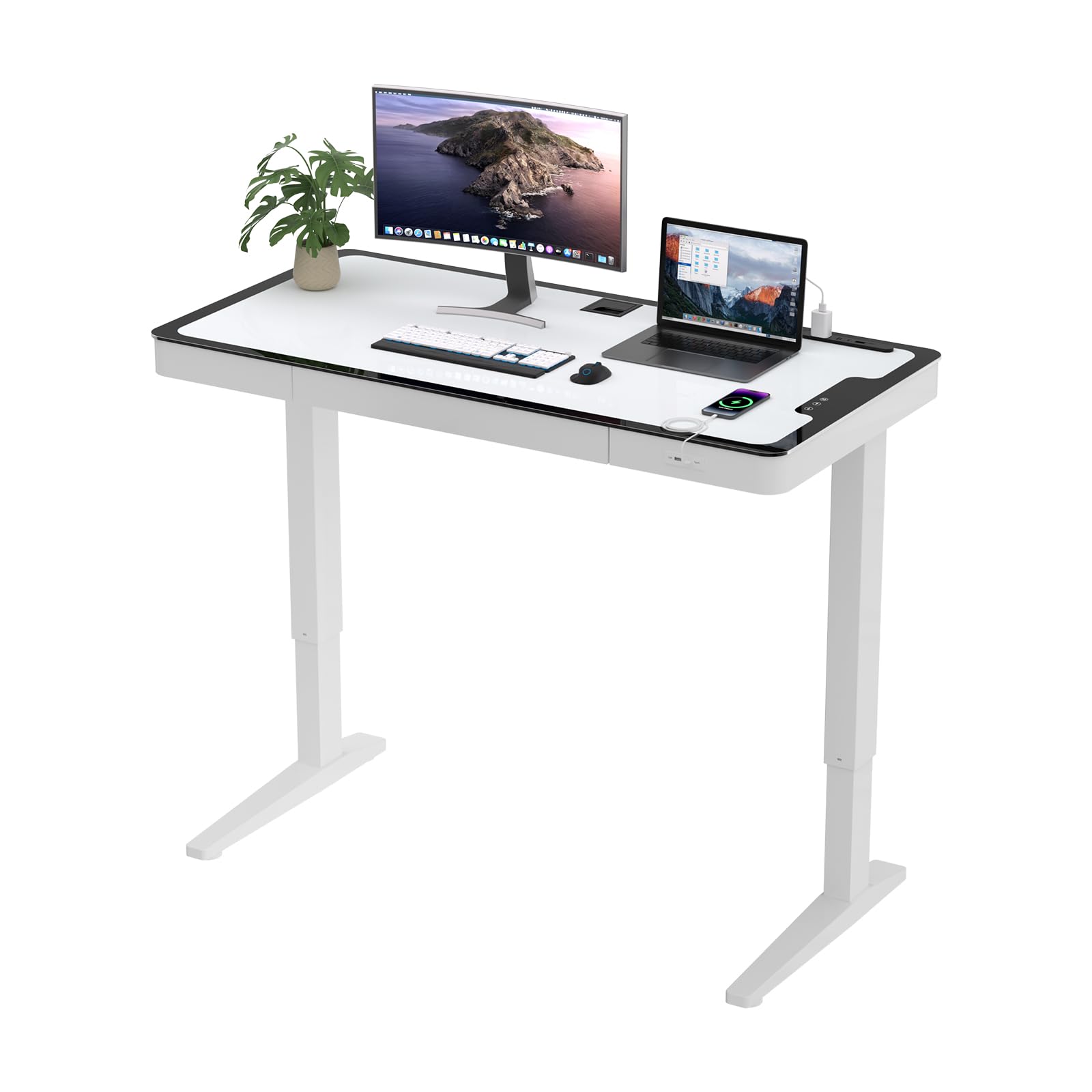 昇降デスク　二重天板　ガラストップ Amazon | HOMAYA 電動昇降デスク 強化ガラス天板 コンセント/USB-A
