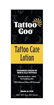 Tattoo Goo Tattoo Care Lotion, 2 oz, Soothes Itch & Irritation, Hydrate & Preserve Color, Non-Greasy Moisturizer, Aftercare Lotion with Olive Oil & Panthenol, No Petroleum or Mineral Oil
