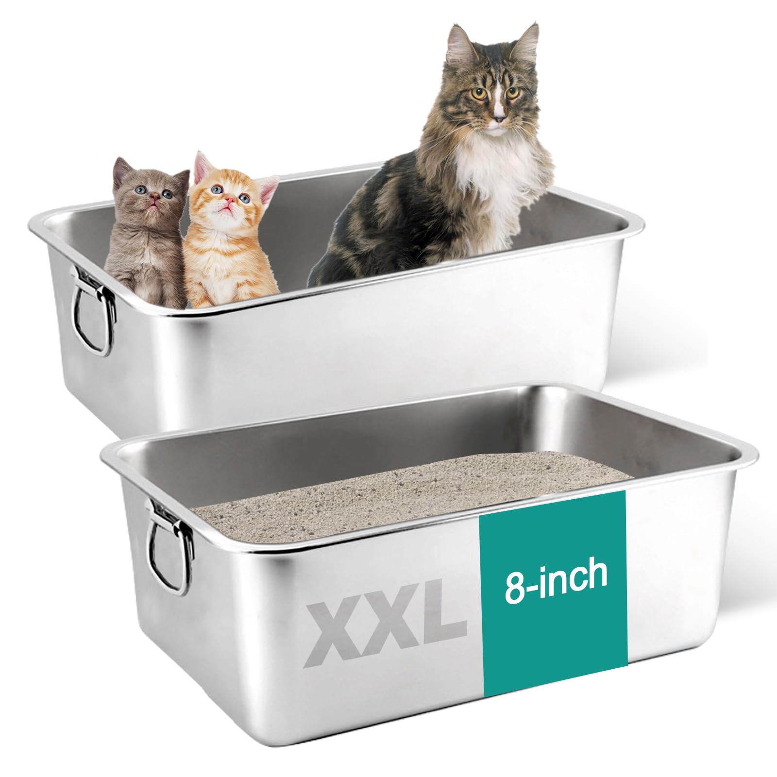 2 STÜCK Edelstahl Katzenklo, 8" Extra Große XXL Metall Katzenklo für Große Katzen, Hochwandige Katzen-Toilette mit Griff, Große Katzentoilette Schale, Einfach zu Reinigen, Geruchsfrei, 23.6x15.8x8
