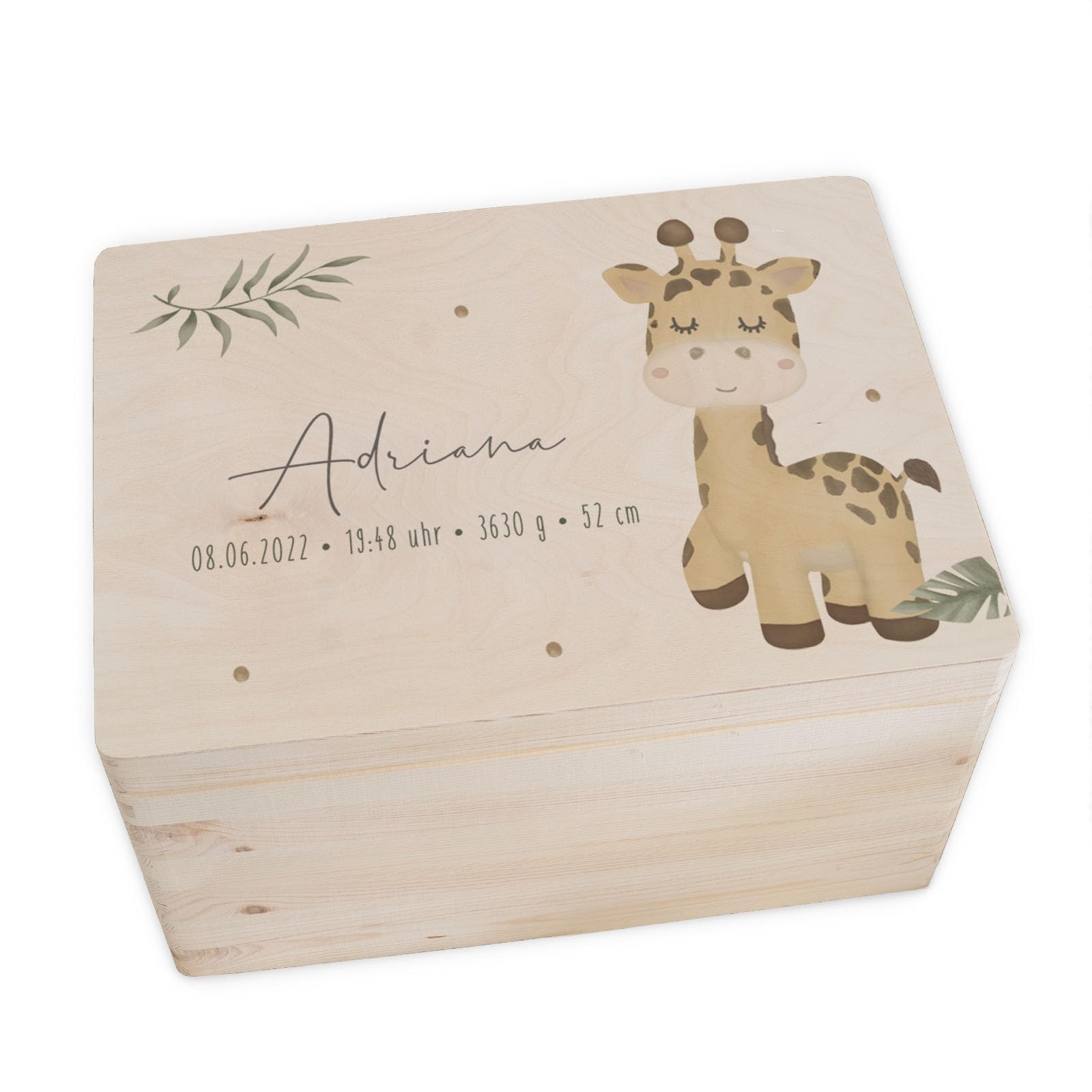hellomini Personalisierte Erinnerungsbox Baby - Erinnerungskiste mit Namen aus Holz - Geschenk zur Geburt für - Babygeschenke (Giraffe, S: 30x20x14cm)