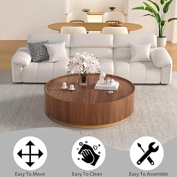 Round Coffee Table with Storage Drawer, Brown 90cm