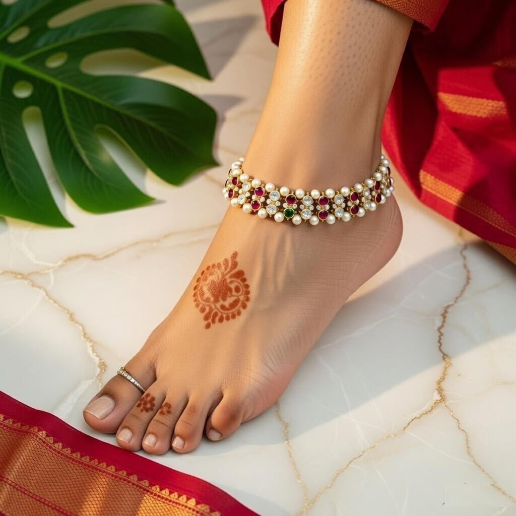 Efulgenz Indian Bridal Anklet Bollywood Crystal Faux Pearl Wedding Bridal Jhanjara Anklet Pair Bells Bracelet Payal Foot Jewelry for Women