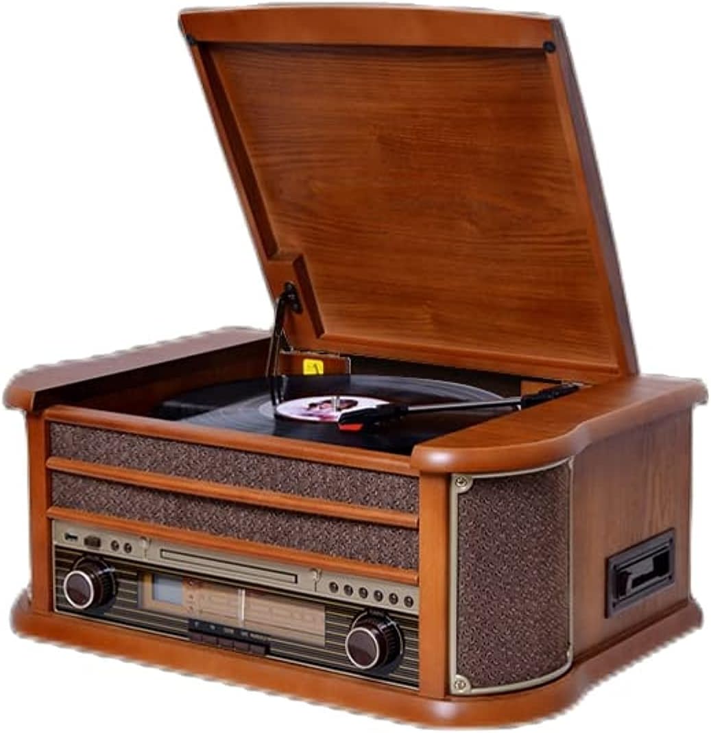 All in One Music Centre, Vinyl Record Player, Nostalgia Turntable, CD/Cassette Player, USB, Radio, Bluetooth, Supports Remote Control