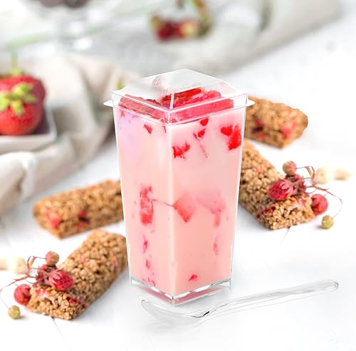 Miniatura 4 de Paquete de 200 tazas cuadradas de plástico de 5 onzas con cucharas, tazas de yogur para parfait para fiesta, mini tazas de postre con cucharas,
