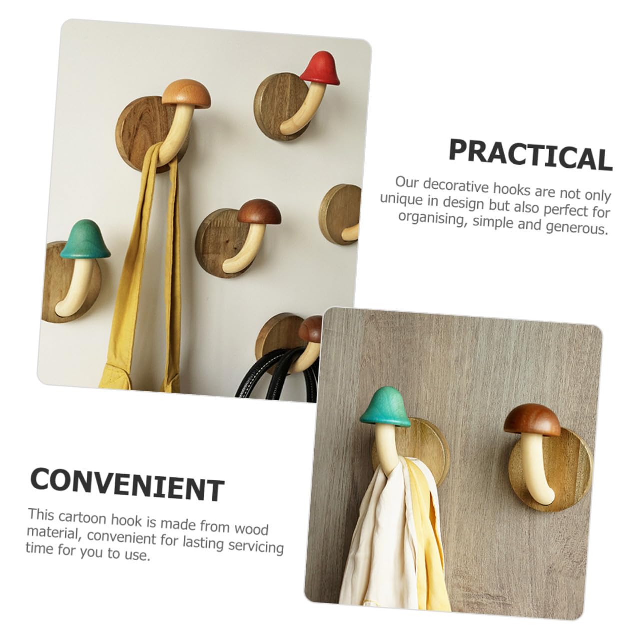 Crochets Muraux en Bois Forme Champignon sans Perçage, Lot 4 Pièces, Bois Naturel, Adhésifs, pour Salle de Bain et Chambre, Organisation Murale Multifonctionnelle
