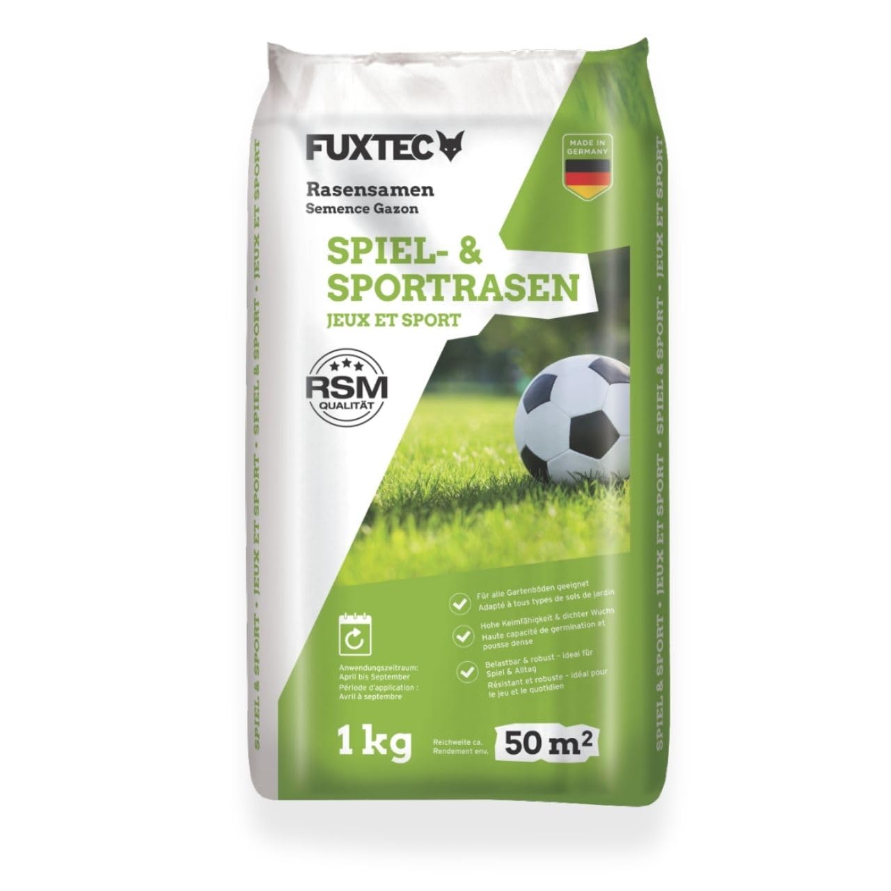 FUXTEC Rasensamen Spiel- & Sportrasen FX-RSSP1 1 kg • robuster Gartenrasen für Neuansaat und Nachsaat • Grassamen für Garten und Sportfläche • keimstarke Rasensaat • für ca. 50 m²
