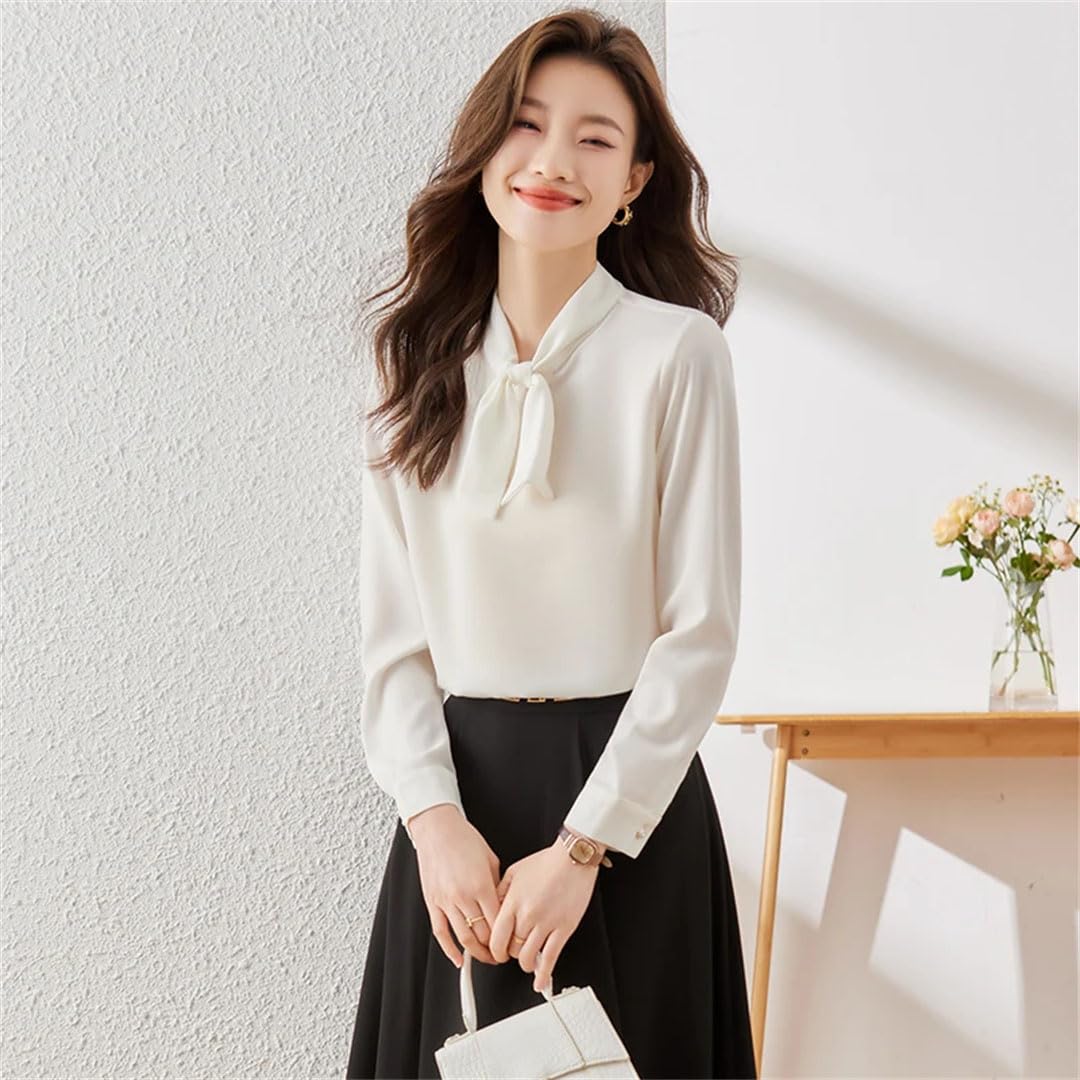 Elegante camisa de satén para mujer, con lazo, manga larga, pullove