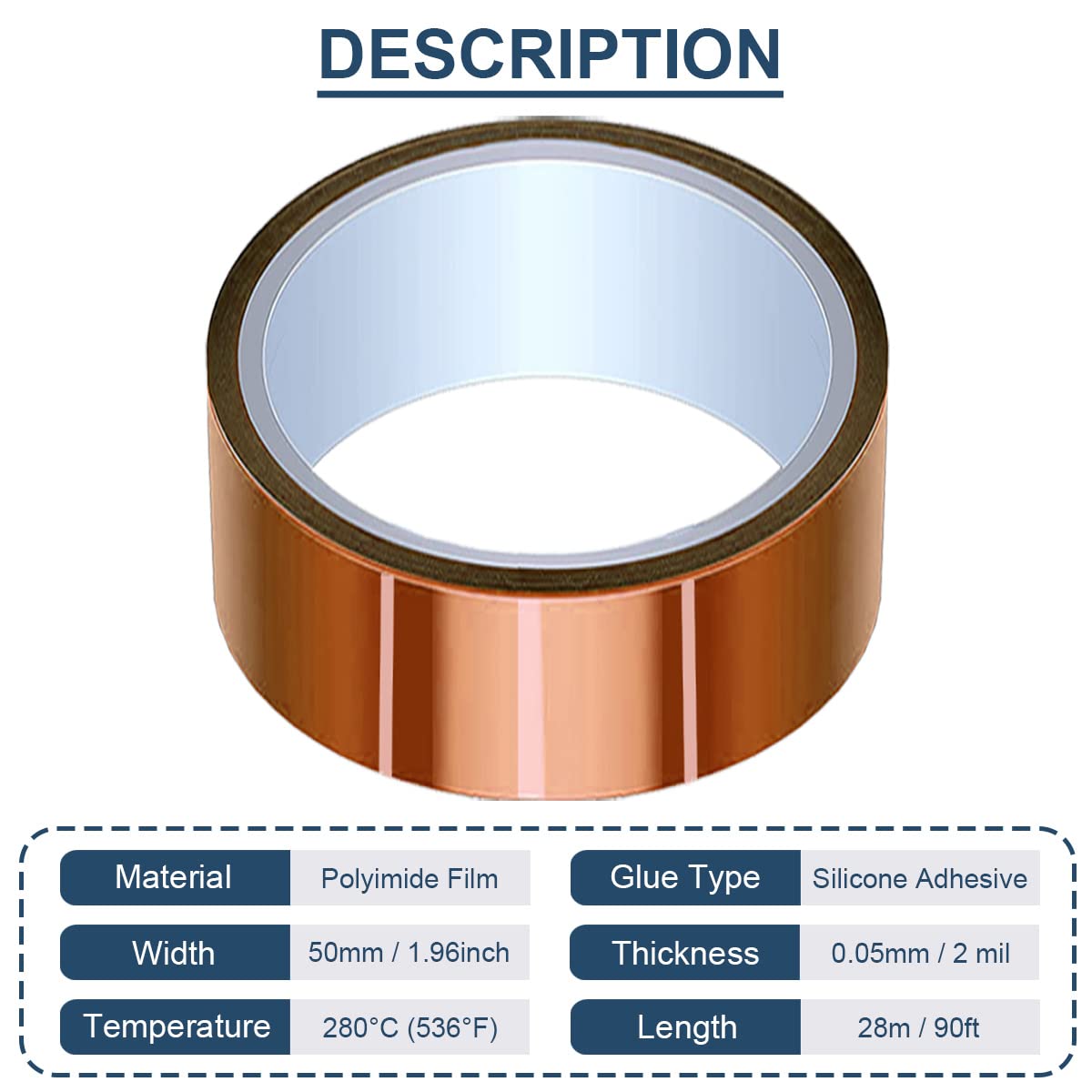 50 mm x 28 m (90 pies) Cinta de alta temperatura Cinta de poliimida resistente al calor Cinta térmica Cinta Kapton para enmascarar/Soldar/Impresoras 3D / Batería