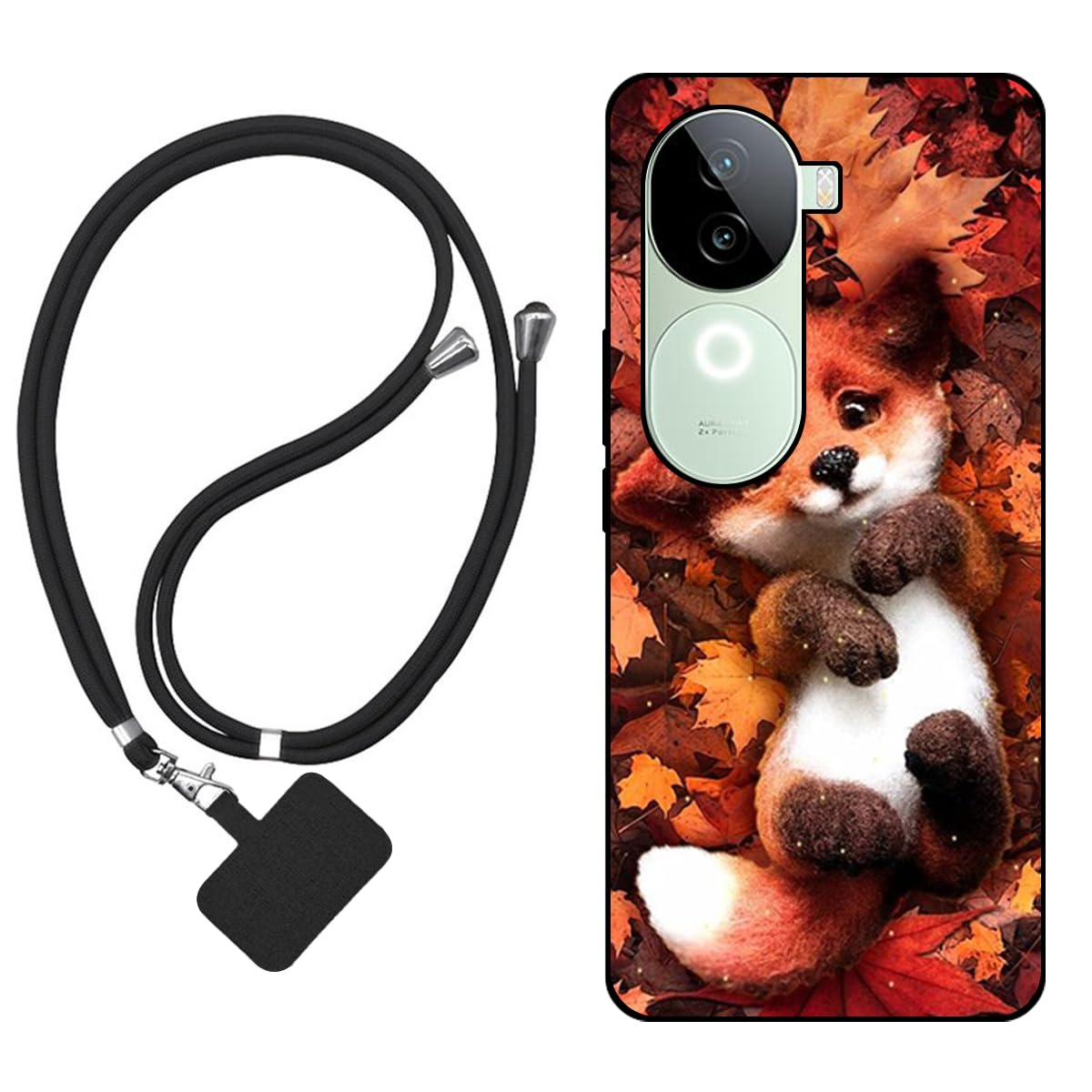 Case compatible with Vivo T4X 5G, Ultra Slim matte Soft Premium TPU Back Rubber Bumper Protector Patterns Cover(Maple Leaf Fox)+1 x Phone Lanyard