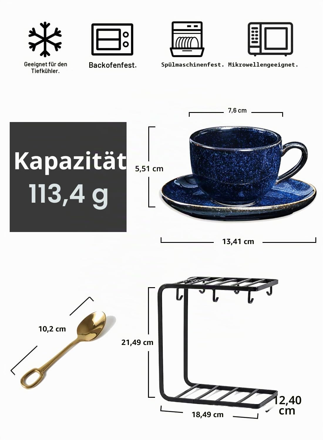 vicrays Keramische Kaffeetassen Set 4 oz Porzellan Espressotassen mit Tellern Löffel und Metallständer für Tee Cafe Cappuccino Latte - Set von 6 - Blau