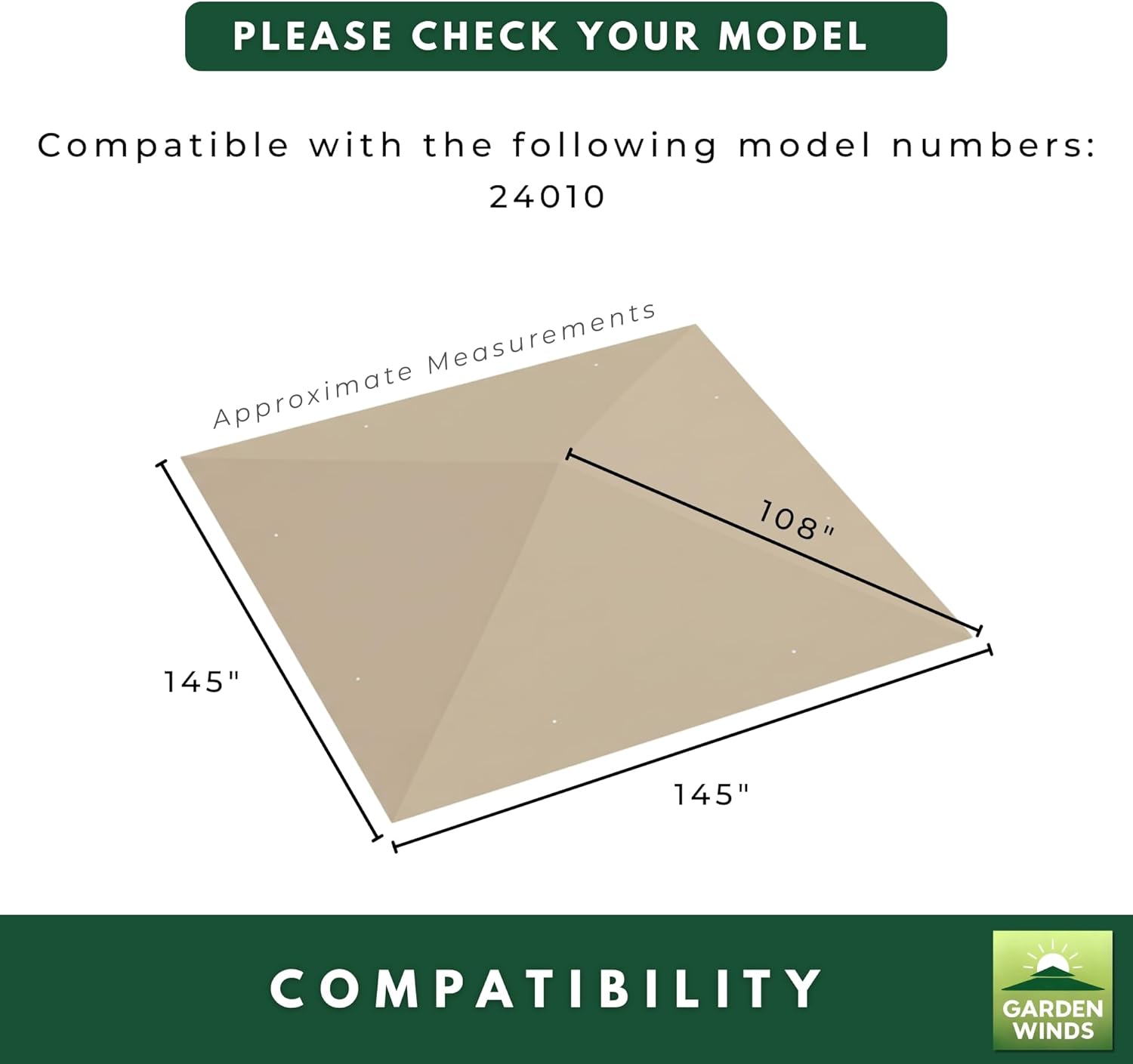 Garden Winds Reinforced RipLock 350 Replacement Canopy Top Cover Compatible with ShelterLogic Sequoia 12' x 12' Gazebo Model 24010 - Beige