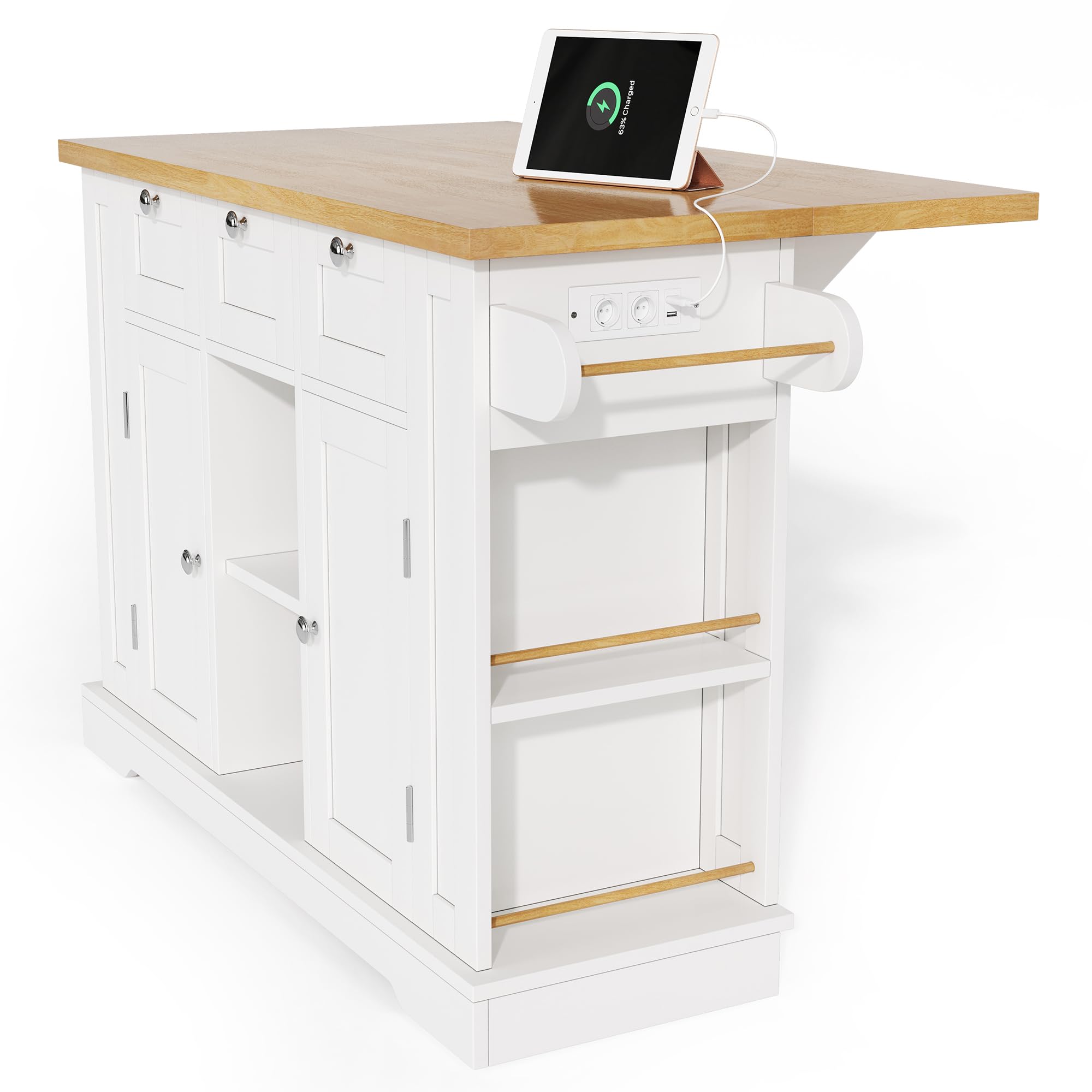 Isola da Cucina con Piano di Lavoro Ribaltabile, Armadio da Cucina su Ruote con Cassetto e Portaspezie, per Cucina e Sala da Pranzo, Portasciugamani, 120x40(70)x87 cm (Bianco)
