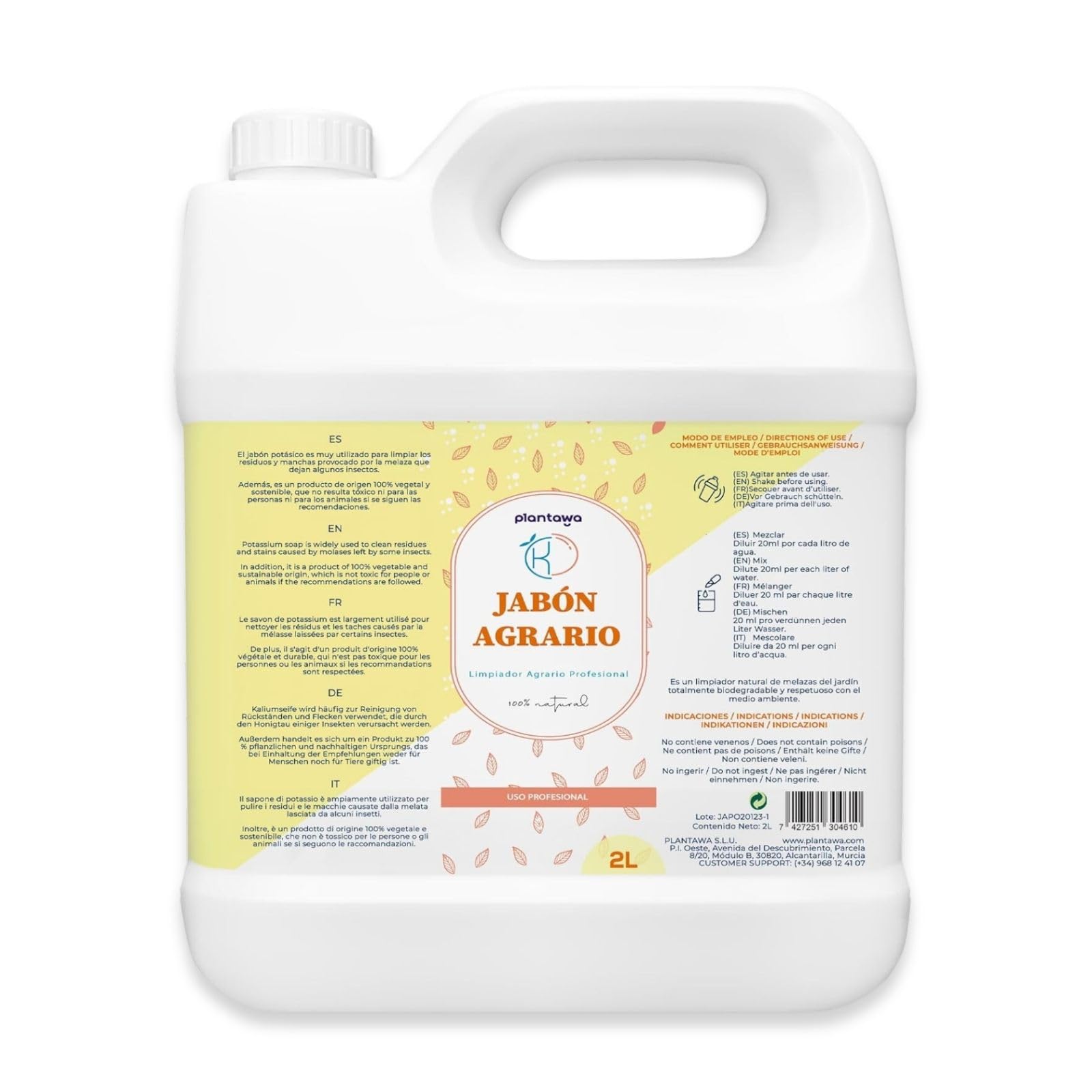 Jabón Potásico 2L, Actúa por Contacto, Sostenible, Jabon Agricola Multiusos, Elimina Enemigos del Huerto