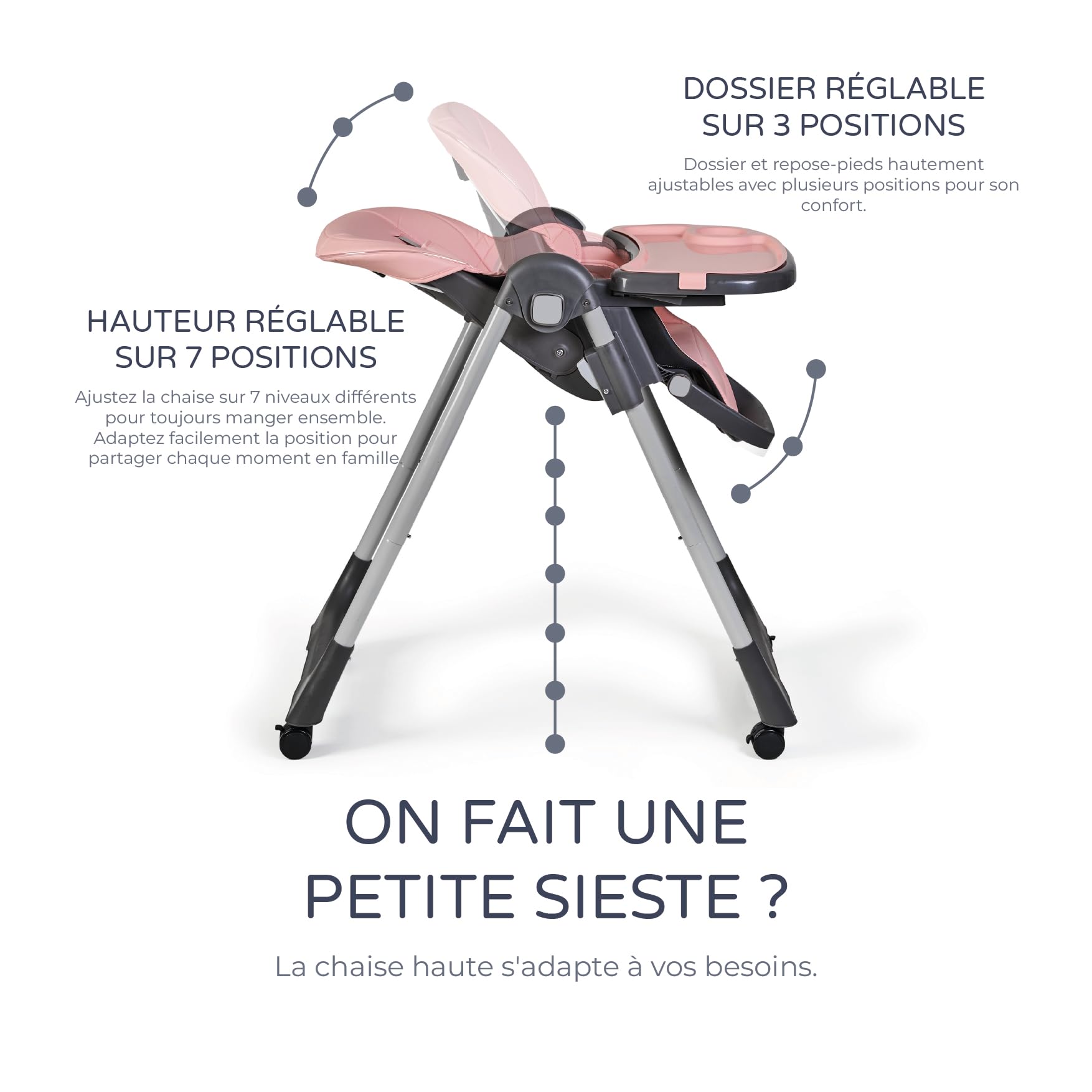 Ms BabyWorld - Chaise haute évolutive pour bébé Tasty | 7 positions de hauteur et 3 inclinaisons | Plateau amovible et repose-pieds réglable | Portable, pliable, jusqu’à 3 ans (Rose)
