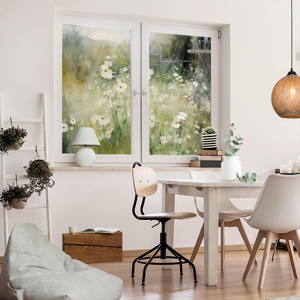 Rustykalna biała kwiatowa folia okienna - witraż w stylu vintage, blokująca słońce, dekoracyjna osłona do domu i biura, 90 x 160 cm, 2-pak, elegancka dekoracja domu