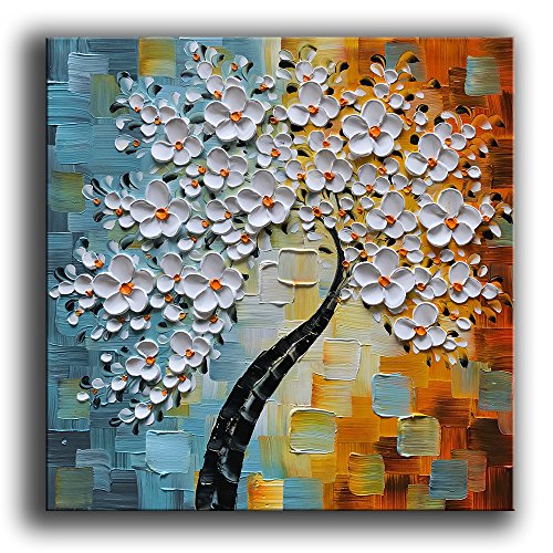 Yasheng Art – dipinto olio su tela bianca fiori dipinti moderni Home interior Decor Art immagine astratta pronto da appendere 61 x 61 cm, YS-0019, 24 x 24 (60x60 cm)