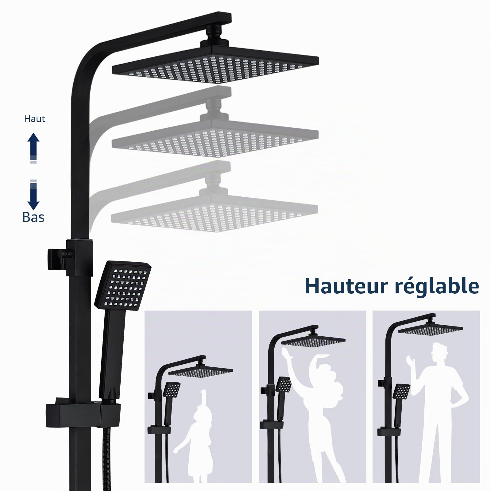HOMELODY Colonne de Douche Noir Sans Mitigeur Pluie Mélangeur Acier Inoxydable Ensemble de Douche Salle de Bain Angulaire Ajustable Colonne Douche Sans Robinetterie avec Pommeau de Douche