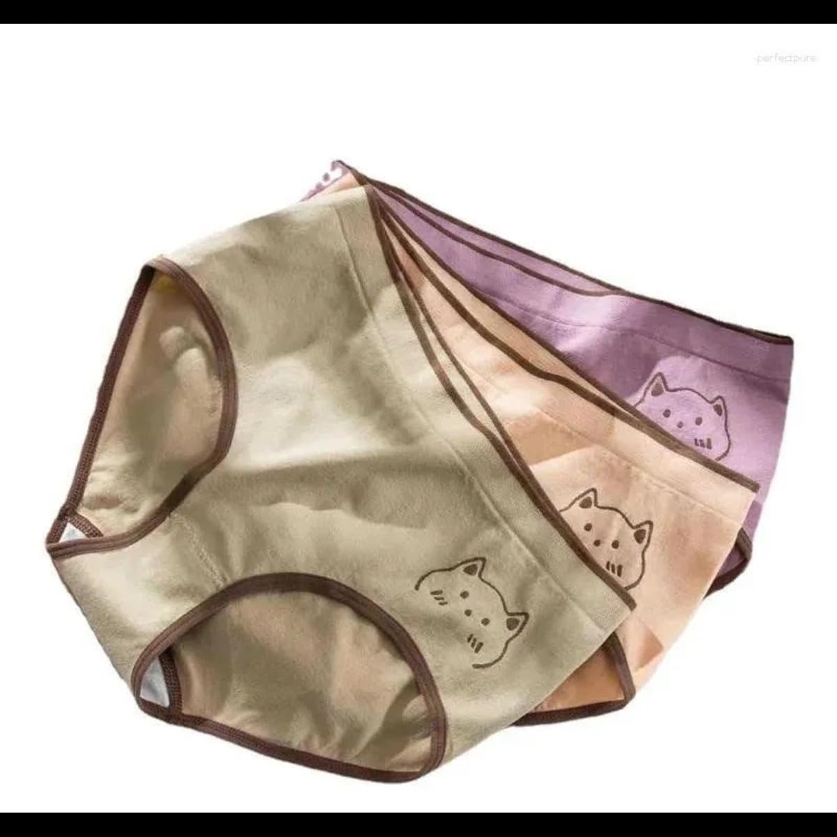 winged peach Cotton Cat Print Underwear, Beige and Purple, High Waist, Comfort Briefs for Women Pack of 3-picture-44