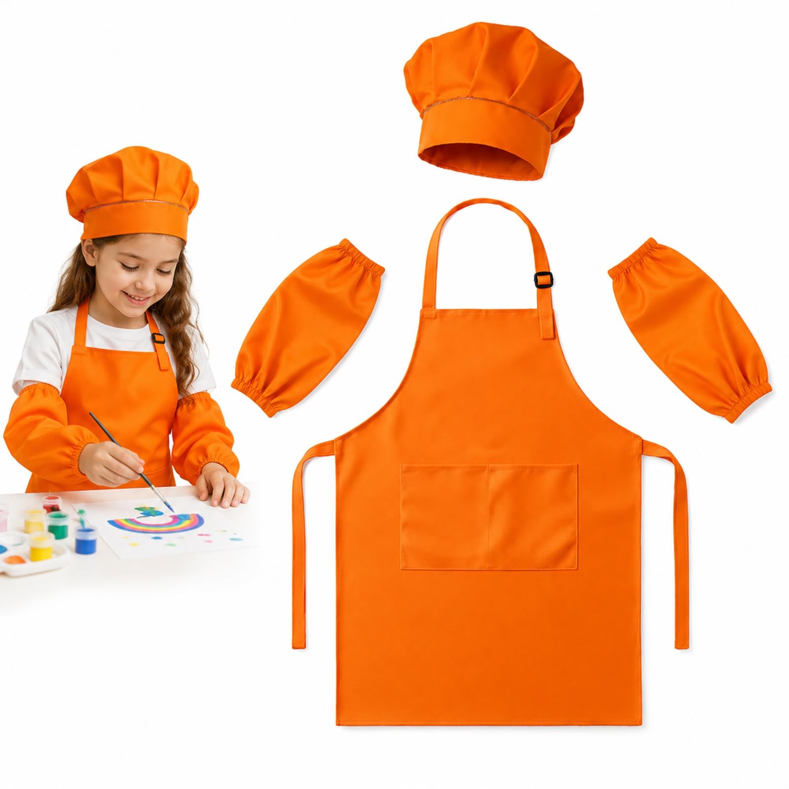 WHJYCC 4-Piece Orange Chef Apron Set, Adjustable Kitchen Apron, Ages 5-12