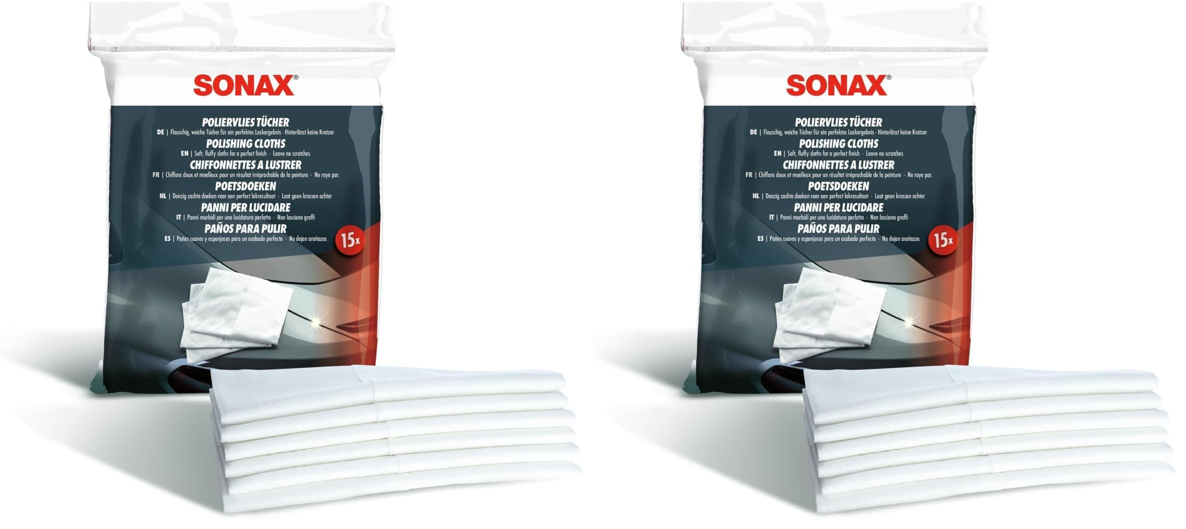 SONAX PolierVliesTücher (15 Stück) in flauschig-weicher Qualität für EIN glänzendes Lackergebnis, Art-Nr. 04222000 (Packung mit 2)