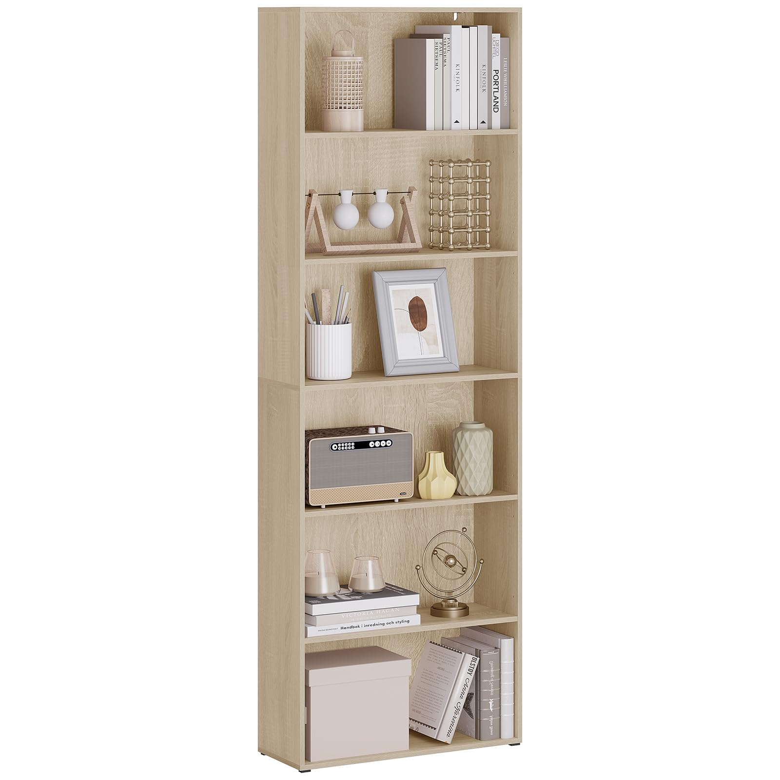 WOLTU Librería Alta, Estantería de Libros de 6 Niveles, Libreria Estanteria de Piso, Estanteria Vertical, Separador de Ambientes para Salón, Estudio, Oficina y Dormitorio, Roble Claro, 60x23,5x180 cm
