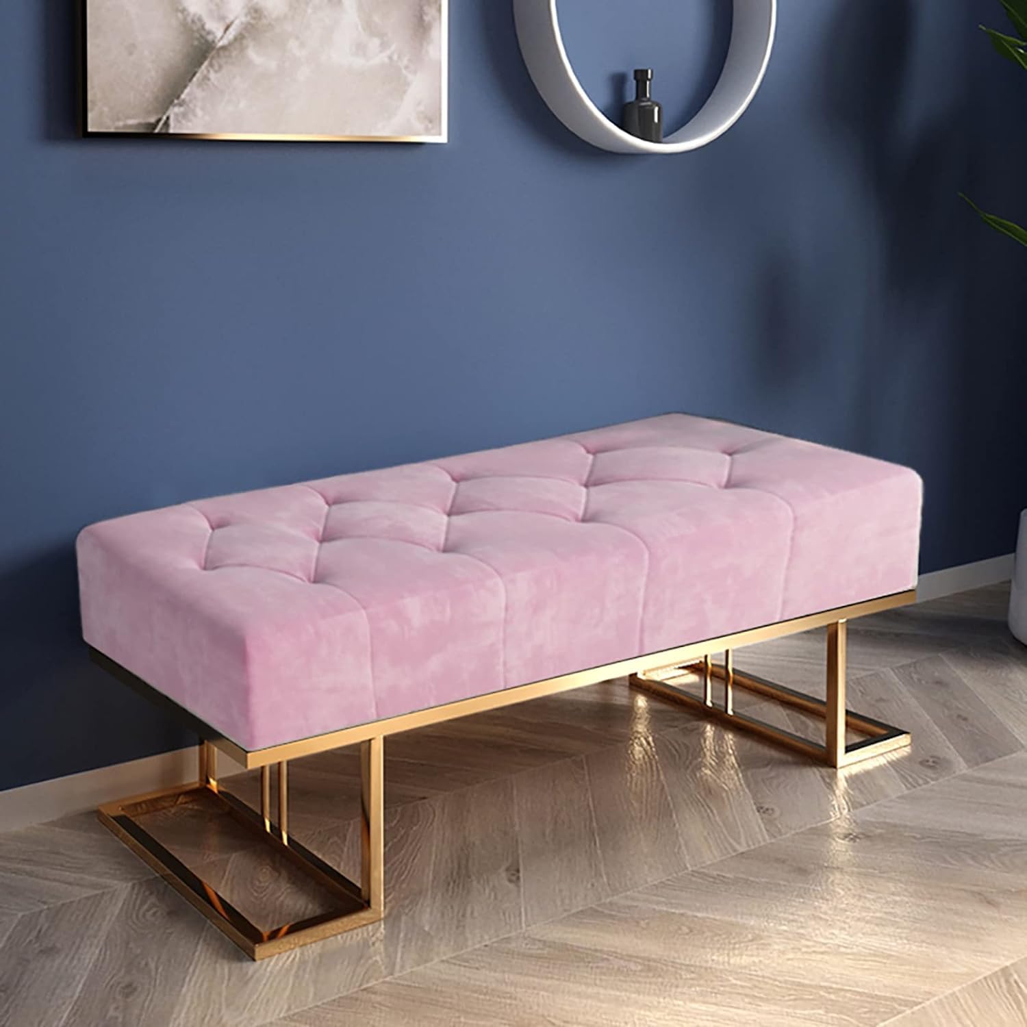 ObalTure Metal Entryway Bench For Bedroom Modern Ottoman End Of Bed Corduroy Padded Benches Decorative Home Furniture For Living Room Foyer Mudroom Hallway (Pink)