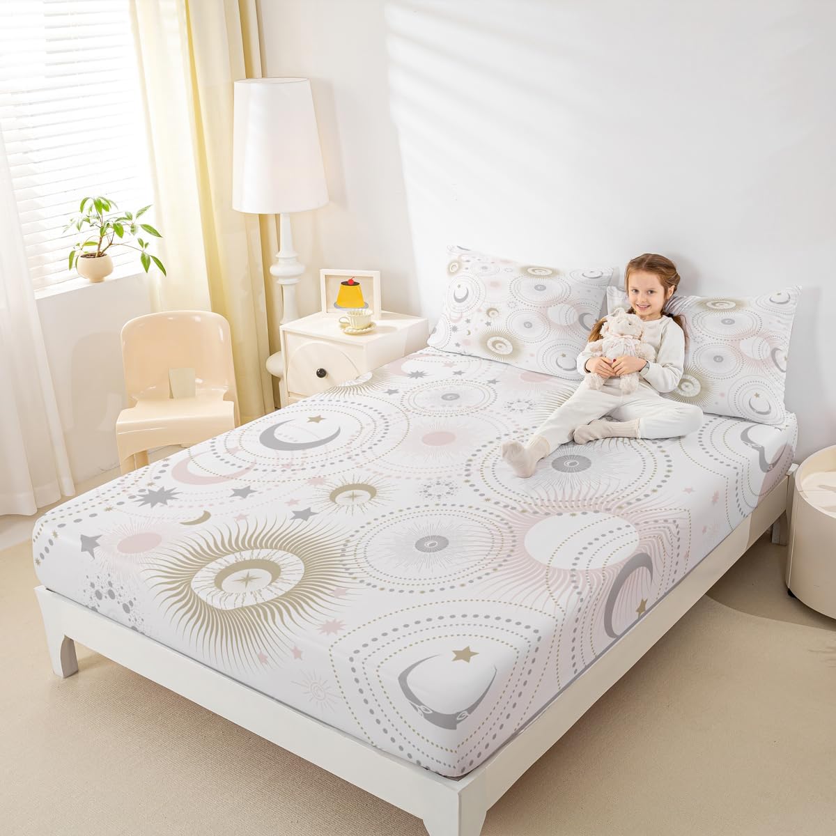 Homewish Stars and Moon Fitted Sheet Twin Size,Pink Golden Grey Shiny Planets Soft and Luxury Sheet Set,Romantic Galaxy Universe Bedding All Round Elastic Pocket,for Kids Boys Room