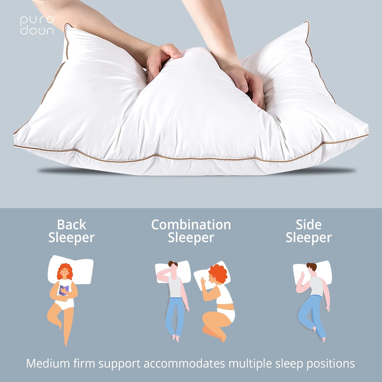 puredown® Made in USA Soft Fluffy Medium Firm Hotel Pillow, 100% Cotton Cover, Luxury Bed Pillows Queen Size Set of 2 for Back, Stomach or Side Sleeper.