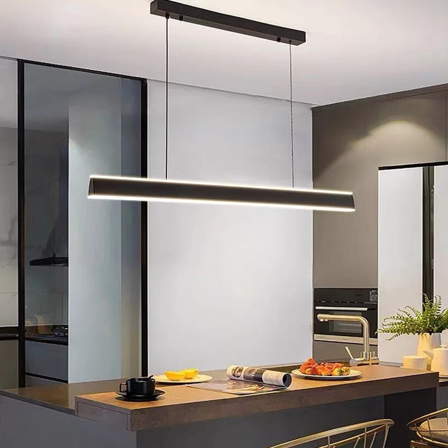 KXEcoLife Dimmable LED Pendant Light for Dining Room - Modern Linear Chandelier with Remote Control, Height Adjustable, Black Finish, 3000K-6000K, 80cm Ceiling Fixture
