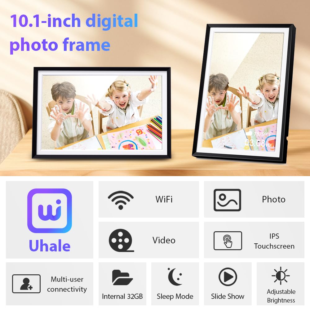 Cornice digitale 32 GB, 10,1 pollici, Wi-Fi, touchscreen, HD 1280x800 IPS, rotazione automatica, condividi le foto sempre e ovunque tramite l'app Frameo/Uhale, nero