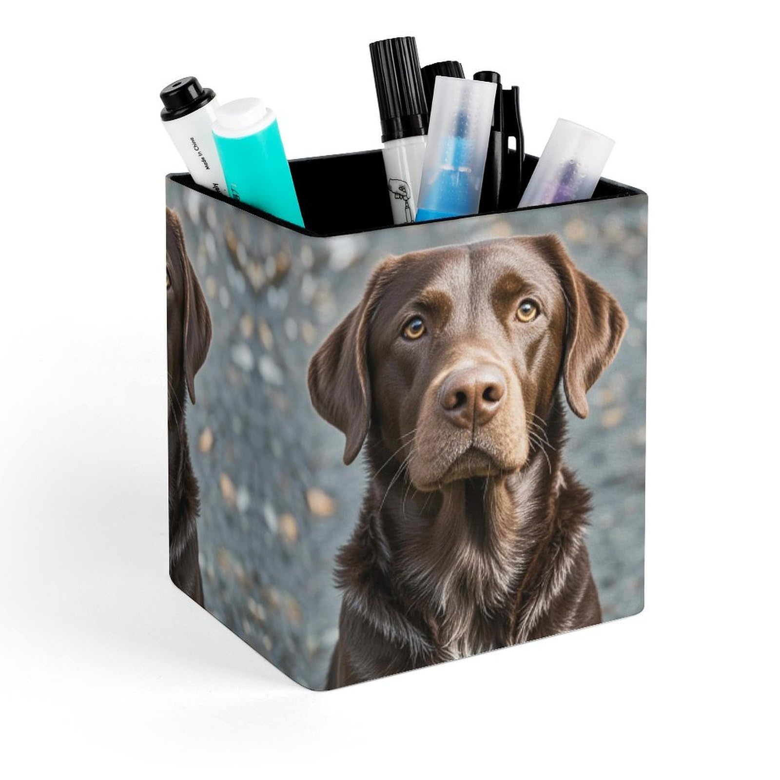 FekiLoot Brown Labrador Retriever Pencil Holder Square Leather Pen Holder Cup Modern Multi-Functional Pencil Cup Holder Decorative Desk Organizer Caddy Makeup Brush Holders for Desk Office